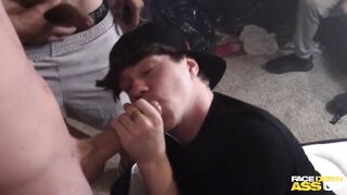 Gangbanged raw by big dicks till his ass is clogged solid