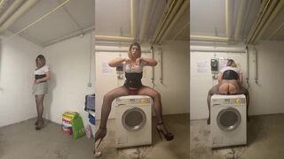 Sissy dildo riding on washing machine drools anal gush