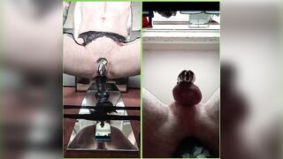 Sissy in chastity gets huge dildo ass to mouth while leaking cum with dirty talk
