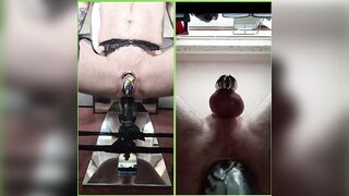 Sissy in chastity gets huge dildo ass to mouth while leaking cum with dirty talk