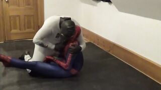 White wetsuit drone fucks Spiderman sex doll till cum bubbles overflow