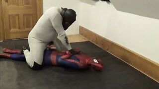 White wetsuit drone fucks Spiderman sex doll till cum bubbles overflow