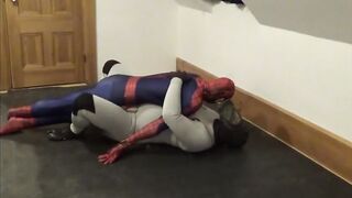 White wetsuit drone fucks Spiderman sex doll till cum bubbles overflow