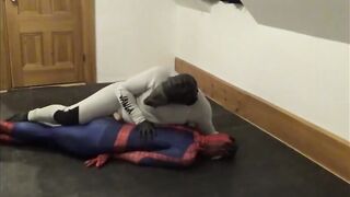 White wetsuit drone fucks Spiderman sex doll till cum bubbles overflow