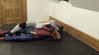 White wetsuit drone fucks Spiderman sex doll till cum bubbles overflow