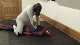 White wetsuit drone fucks Spiderman sex doll till cum bubbles overflow