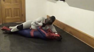 White wetsuit drone fucks Spiderman sex doll till cum bubbles overflow