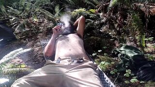 Smoking stripping camping a hairy soft cock gets bigger outside