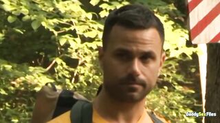 Conner Joe and CJ’s outdoor military threeway raw DILF deep throat blowjob