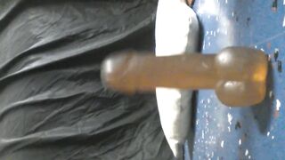Big dildo wrecks tight ass in the garage while wife’s inside