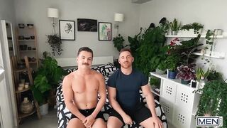 Jonas Jackson rubs Austin Sugar down before their rough housemate fuck leaves ass gushing cum