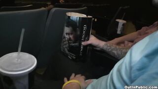 Strangers get caught horny in back row theater blowjob then raw anal