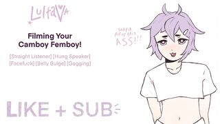 Filming your femboy strapped monster cock while he gushes for the camera