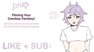 Filming your femboy strapped monster cock while he gushes for the camera