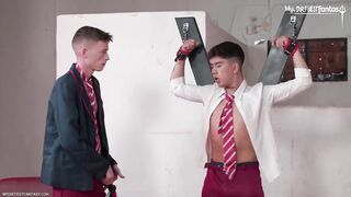 Latino Stud Slave Destroyed By French Dom Whip On Prep Uniform Bench