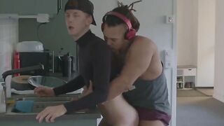 White twink destroyed by Latino top with dreads bareback in kitchen while doing dishes raw