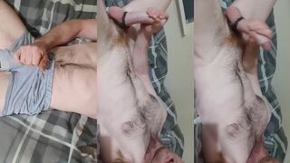 Gay muscle guy wanks in bed watching porn with big cock and cock ring feeling dick over boxers