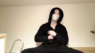 Japanese Muscle Guy In Hoodie Masturbates Hard Cumming