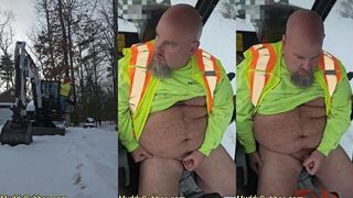 Heavy Bear Daddy Jerk Off And Shoot Gushing Cum Load In Excavator At Public Construction Site