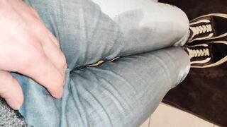 Jeans Piss Desperation Floods Legs Cock Cums Chokes Fabric