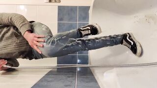 Jeans Piss Desperation Floods Legs Cock Cums Chokes Fabric