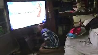 Choking Own BWC in Schoolie Shorts Gushing Cum Flood While Hentai Blasts