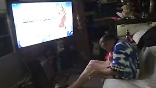 Choking Own BWC in Schoolie Shorts Gushing Cum Flood While Hentai Blasts