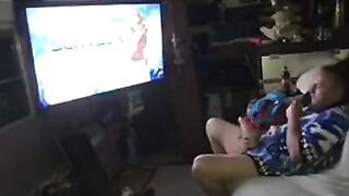 Choking Own BWC in Schoolie Shorts Gushing Cum Flood While Hentai Blasts