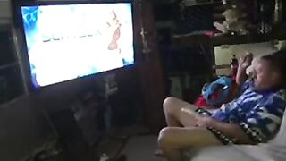 Choking Own BWC in Schoolie Shorts Gushing Cum Flood While Hentai Blasts