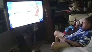 Choking Own BWC in Schoolie Shorts Gushing Cum Flood While Hentai Blasts