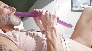 Bearded Daddy Gags Purple Double Dildo Destroys Hole Gushing