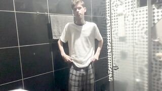 Skinny Twink Drops Pants Huge Dick Gushes Cum Shower