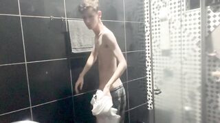 Skinny Twink Drops Pants Huge Dick Gushes Cum Shower