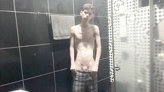 Skinny Twink Drops Pants Huge Dick Gushes Cum Shower