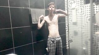 Skinny Twink Drops Pants Huge Dick Gushes Cum Shower
