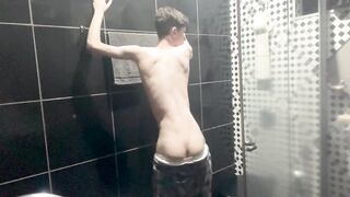 Skinny Twink Drops Pants Huge Dick Gushes Cum Shower