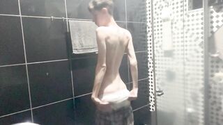 Skinny Twink Drops Pants Huge Dick Gushes Cum Shower
