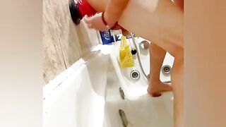 Giant Red Dildo Stretches Ass to Prolapse Gape in Tub