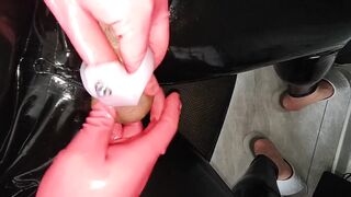 Urethral Lock Chokes Uncut Cock in Latex CBT Hell Gushes