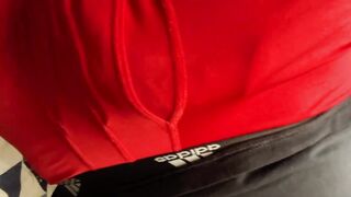 Thick Legged Hunk Gushes Massive Load In Condom Red Undies