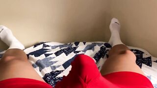 Thick Legged Hunk Gushes Massive Load In Condom Red Undies