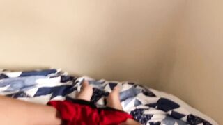 Thick Legged Hunk Gushes Massive Load In Condom Red Undies