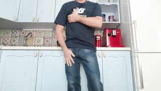Kitchen Jock Frees Huge Cock Jeans Bulge Explodes Gushing Cum