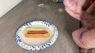 Hung Muscle Bull Drowns Hot Dog in 5 Gushing Ropes