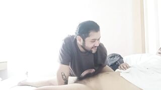 Chubby Pinoy Tropa's Curved Hairy Dick Chokes Bearded Sucker Gushing Cum