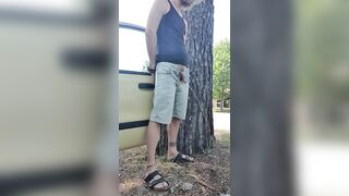 Gaping hole in his ass while jacking off outdoors