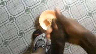 Gay cuckold husband gets huge cumshot then eats it all before choking on the load