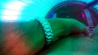Big white cock bursting in tanning bed squirt messy solo play