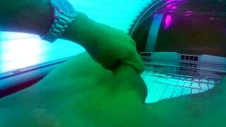 Big white cock bursting in tanning bed squirt messy solo play