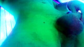 Big white cock bursting in tanning bed squirt messy solo play